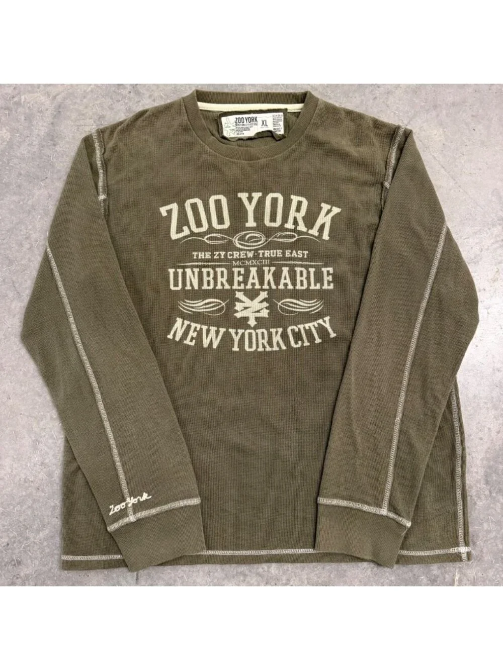 Y2K Zoo York Mens Olive Long Sleeve Graphic Thermal Shirt XL